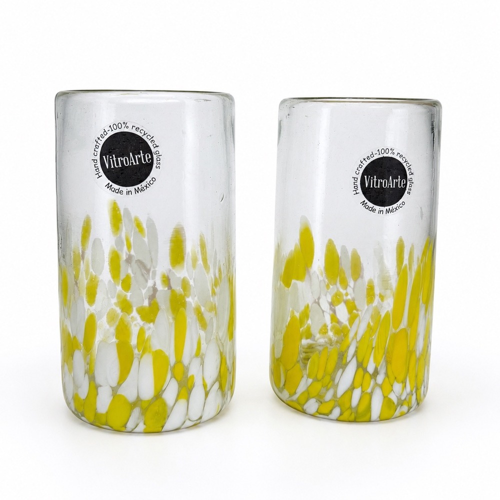 NEW VitroArte Recycled Glass Highball Tumblers 2X Yellow White Confetti Mexico